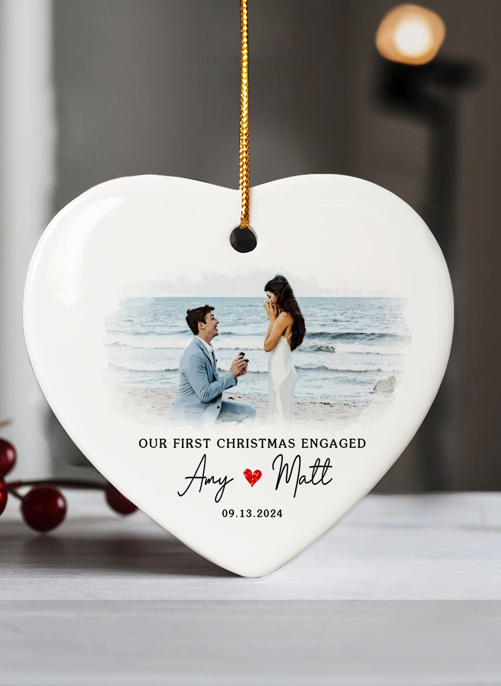 Engaged Ornament | Custom Name Engaged Ceramic Ornament For Couple | Heart Shape