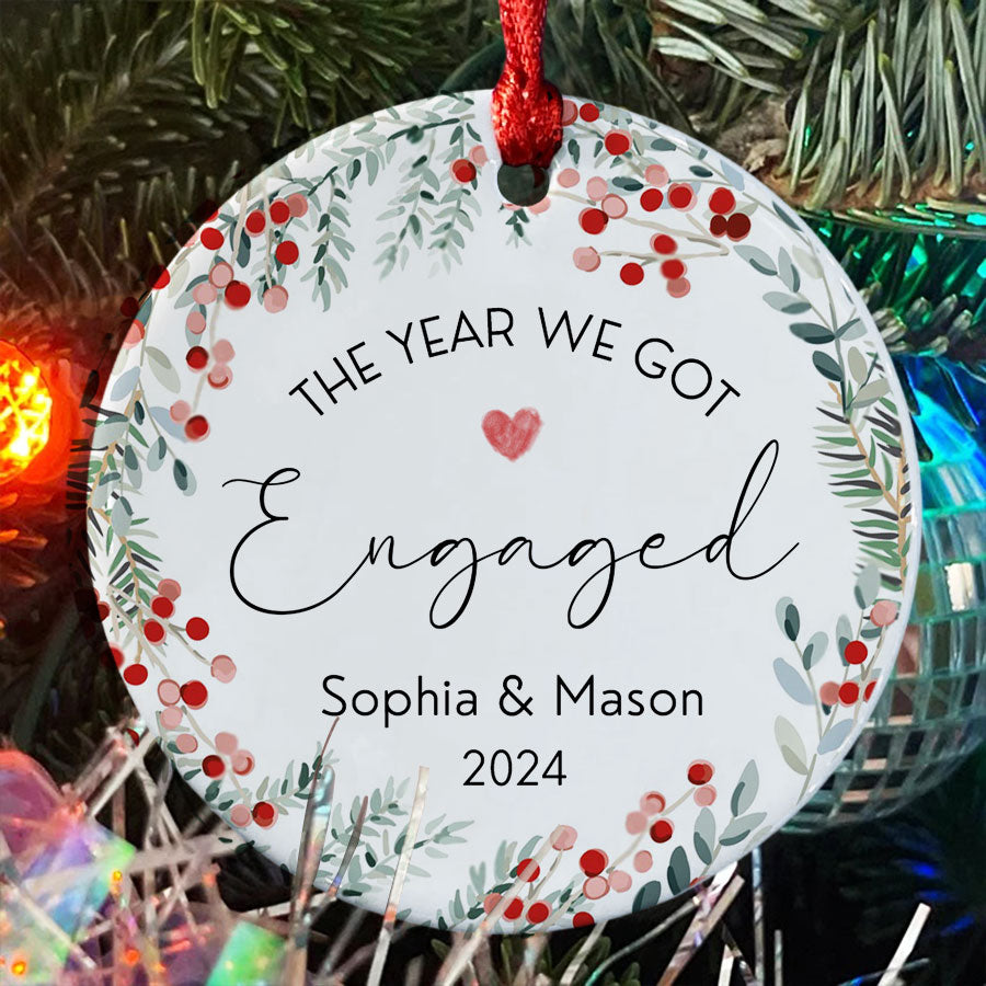 Engaged Ornament | Custom Name Ceramic Ornament For Couple | Circle Shape