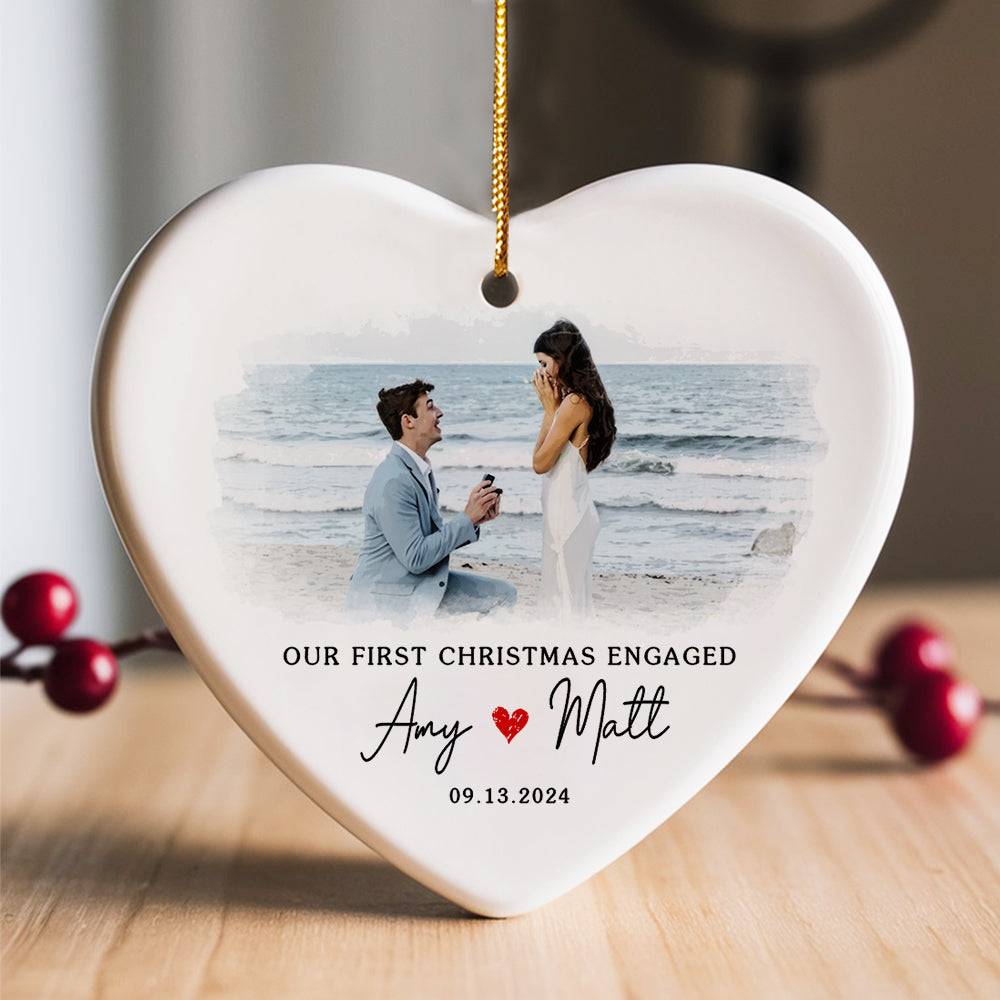 Engaged Ornament | Custom Name Engaged Ceramic Ornament For Couple | Heart Shape