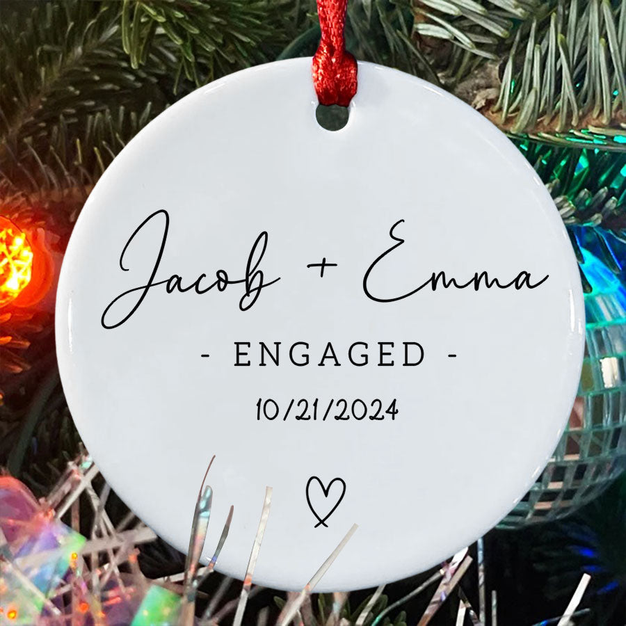 Engaged Ornament | Custom Ceramic Ornament For Couple | Circle Shape