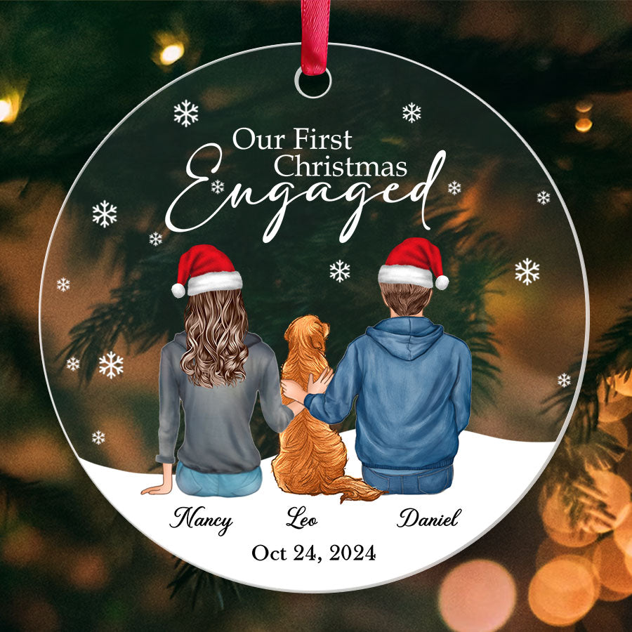 Engaged Ornament | Custom Acrylic Ornament For Couple With Dog | Circle Shape