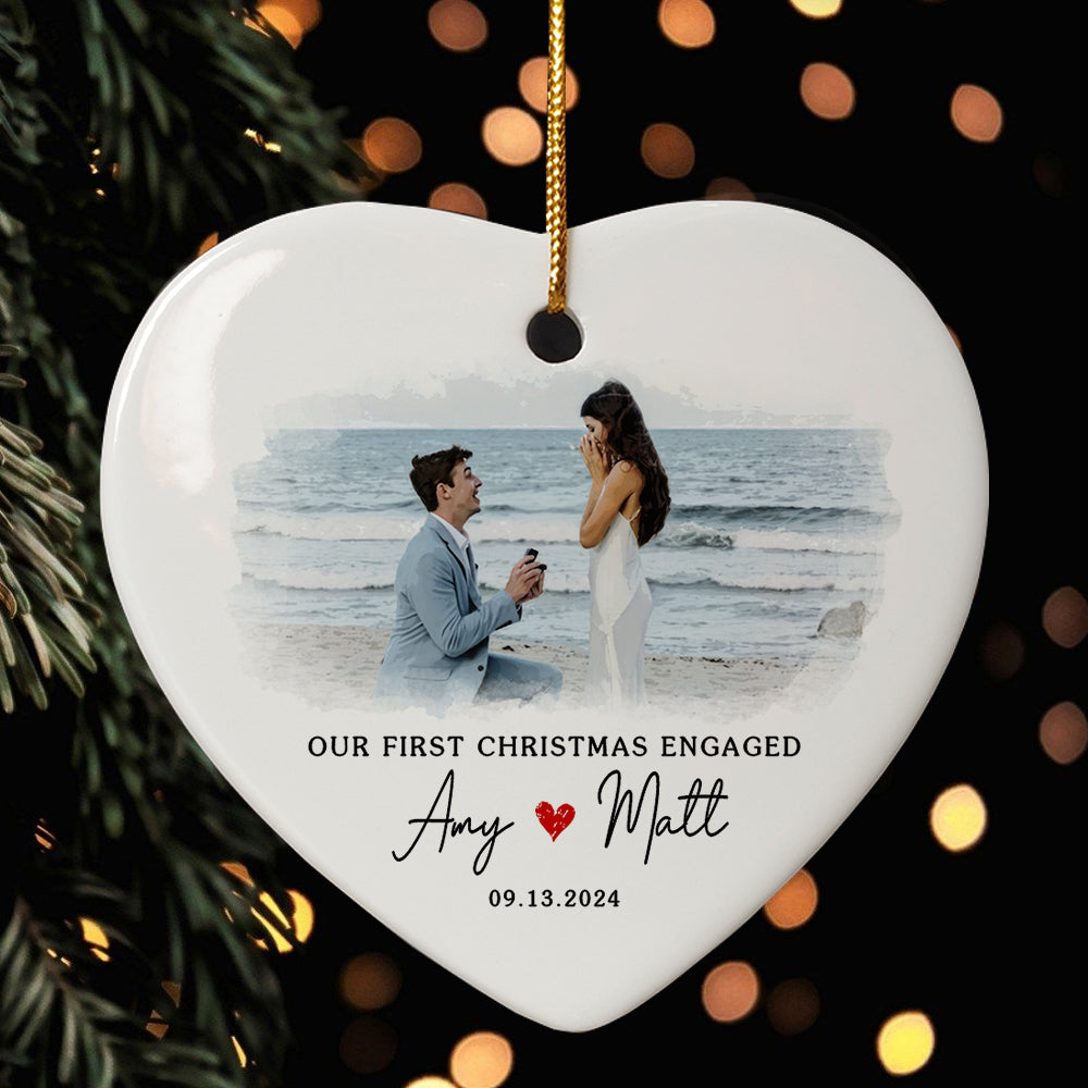 Engaged Ornament | Custom Name Engaged Ceramic Ornament For Couple | Heart Shape