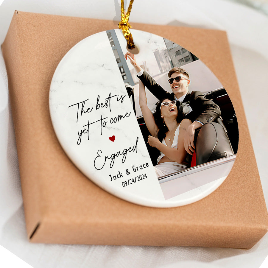 Engagement Christmas Ornaments | Engaged Ceramic Ornament With Photo | Circle Ceramic Ornament