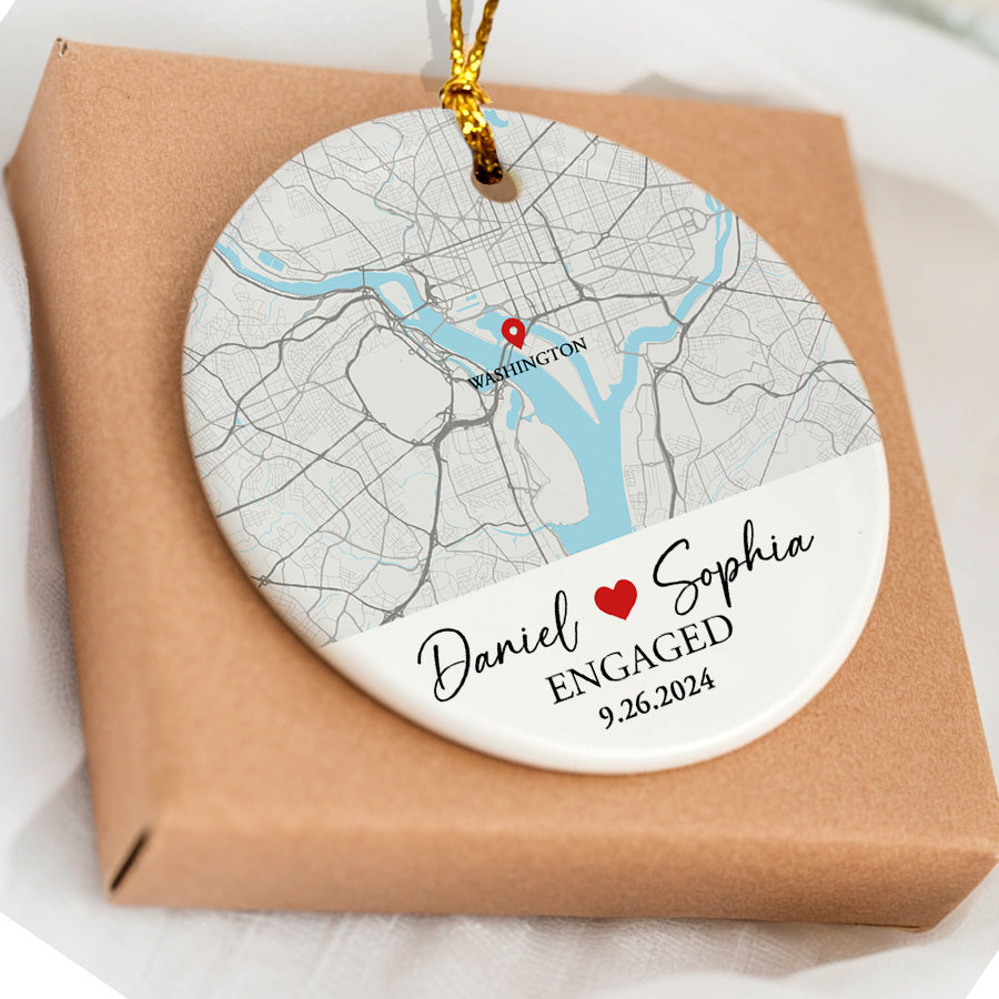 Engagement Xmas Ornaments | Custom Map Ceramic Ornament For Couples | Circle Ceramic Ornament