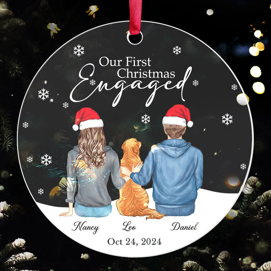 Engaged Ornament | Custom Acrylic Ornament For Couple With Dog | Circle Shape