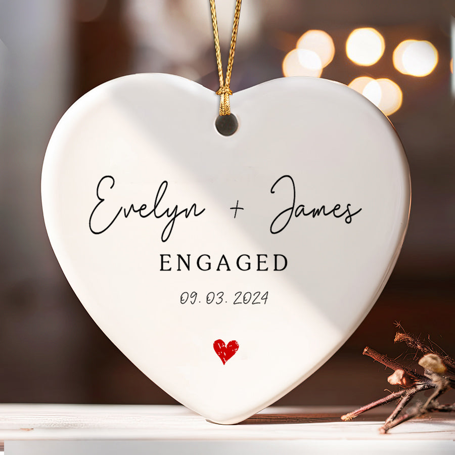 Engagement Christmas Ornaments | Custom Name Ceramic Ornament For Couple | Heart Shape