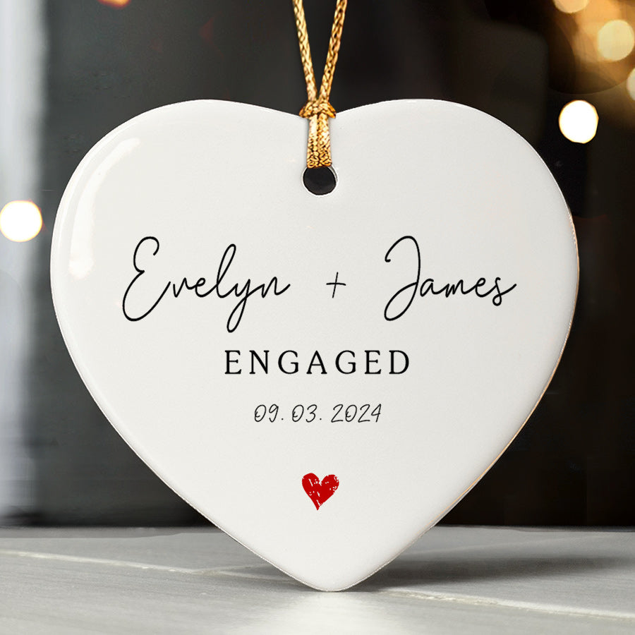 Engagement Christmas Ornaments | Custom Name Ceramic Ornament For Couple | Heart Shape