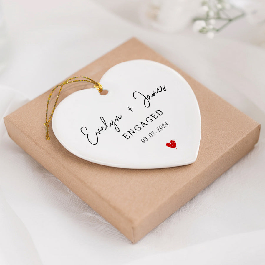Engagement Christmas Ornaments | Custom Name Ceramic Ornament For Couple | Heart Shape
