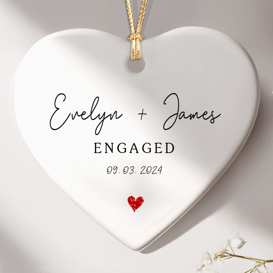Engagement Christmas Ornaments | Custom Name Ceramic Ornament For Couple | Heart Shape