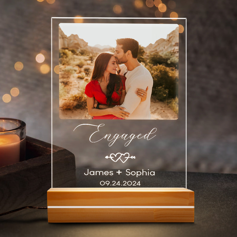 Engagement Gifts for Couples | Personalized Engaged Acrylic Plaque Led Night Light | 6 x 9 in