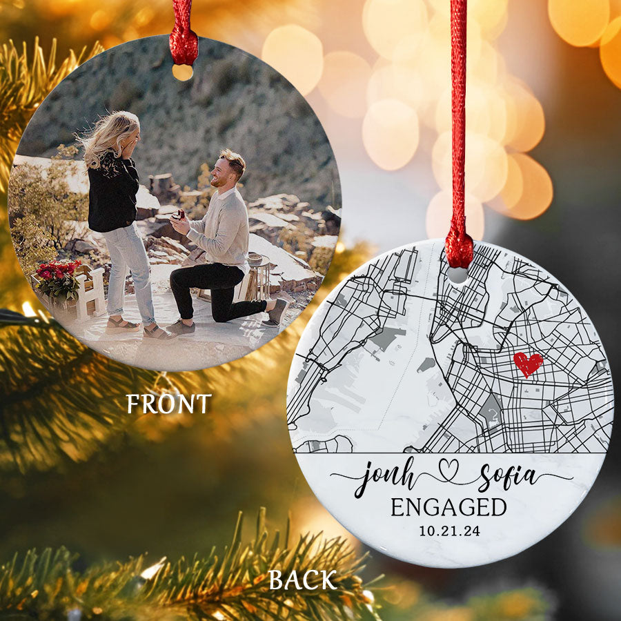Engagement Xmas Ornaments | Custom Name Ceramic Ornament For Couple | 2-side Printed Circle Shape