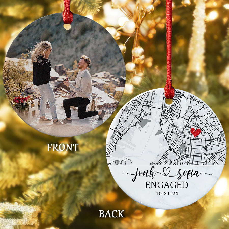 Engagement Xmas Ornaments | Custom Name Ceramic Ornament For Couple | 2-side Printed Circle Shape