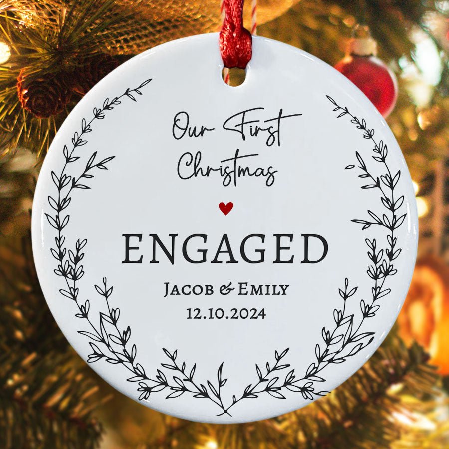 Engagement Xmas Ornaments | Custom Name Engagement Ceramic Ornament For Couple | Circle Shape