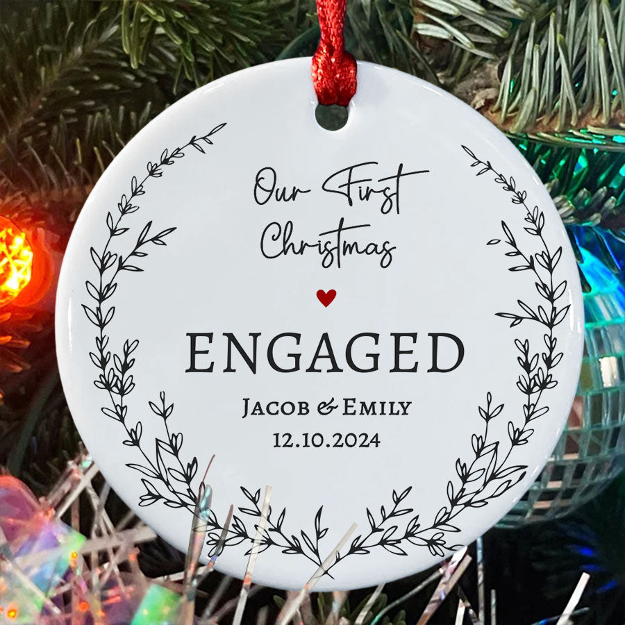 Engagement Xmas Ornaments | Custom Name Engagement Ceramic Ornament For Couple | Circle Shape