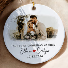 First Christmas Married Ornament | Married Ceramic Ornament With Custom Name And Date | Circle Shape