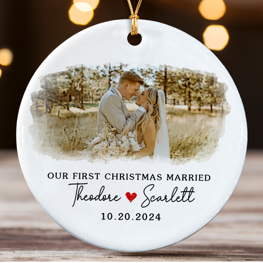 First Christmas Married Ornament | Wedding Ceramic Ornament With Custom Photo For Couple | Circle Shape