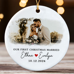First Christmas Married Ornament | Married Ceramic Ornament With Custom Name And Date | Circle Shape