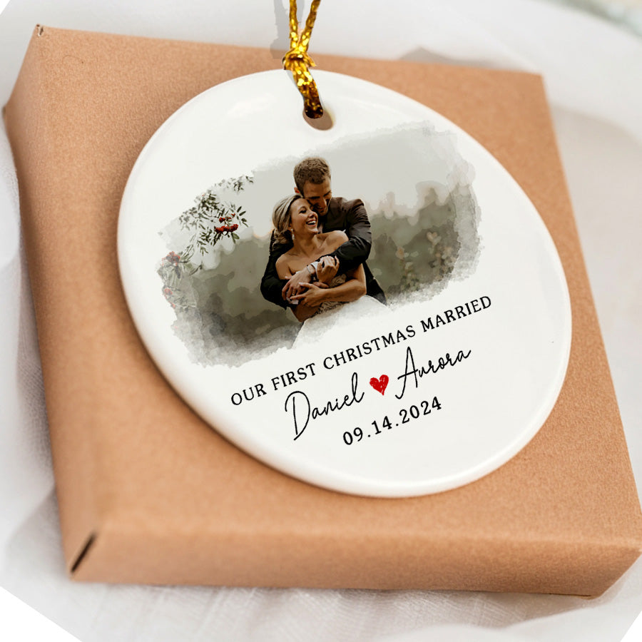 First Christmas Married Ornament | Married Ceramic Ornament With Custom Photo | Circle Shape