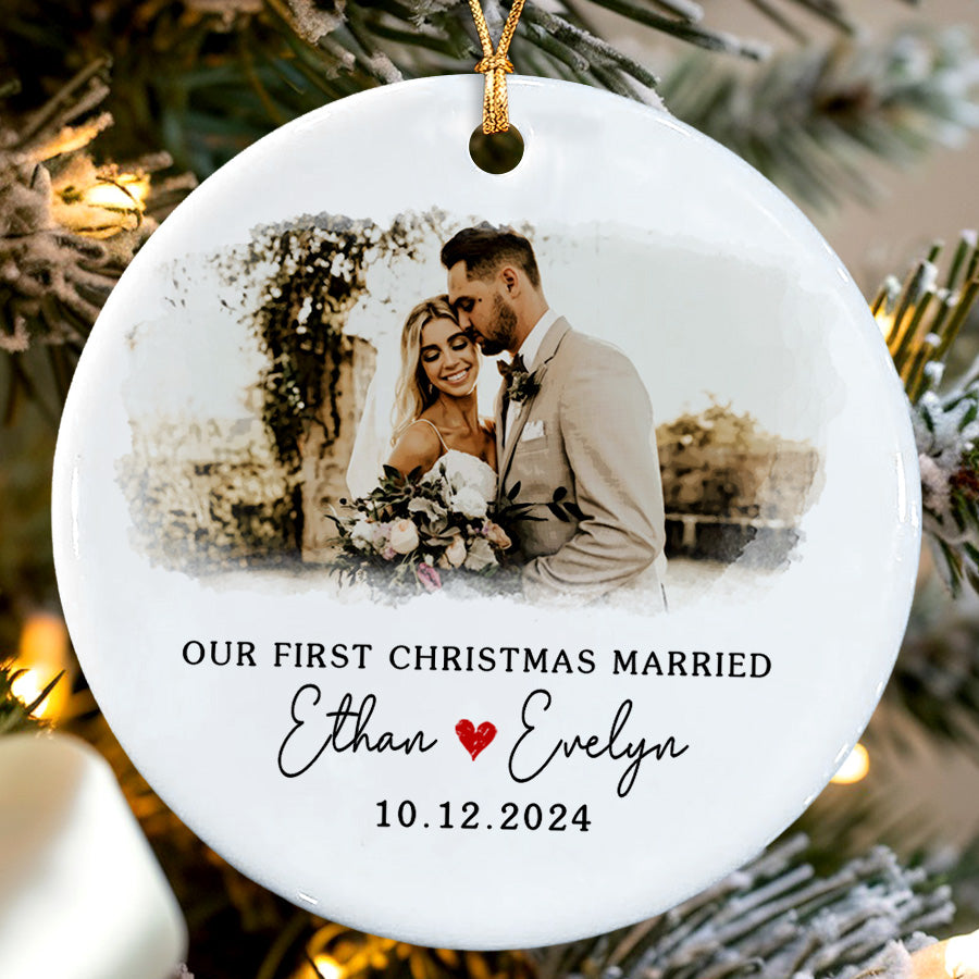 First Christmas Married Ornament | Married Ceramic Ornament With Custom Date And Name | Circle Shape