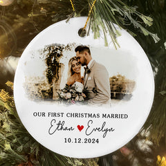 First Christmas Married Ornament | Married Ceramic Ornament With Custom Date And Name | Circle Shape