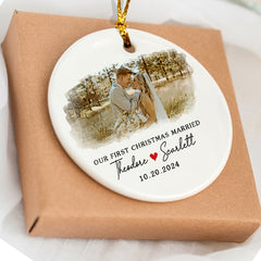 First Christmas Married Ornament | Married Ceramic Ornament With Custom Photo For Couple | Circle Shape