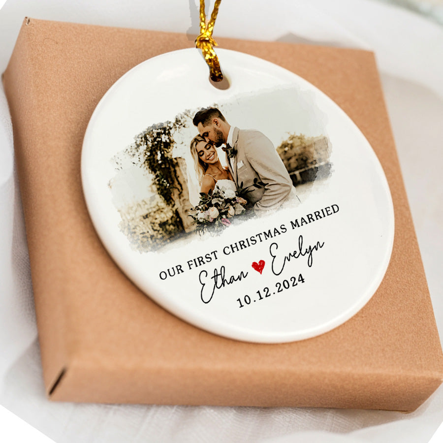 First Christmas Married Ornament | Married Ceramic Ornament With Custom Date And Name | Circle Shape