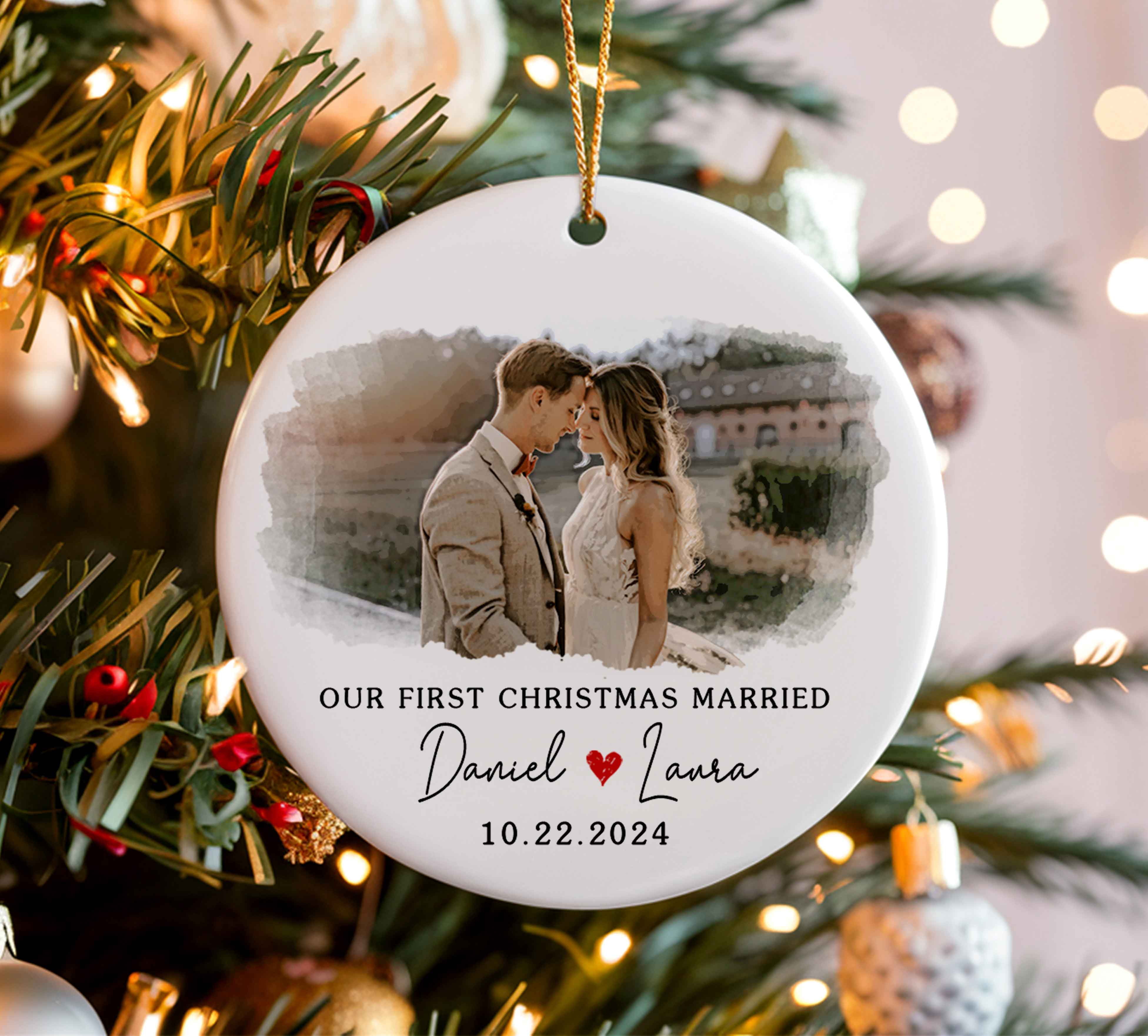 First Christmas Married Ornament | White Ceramic Ornament | Circle Shape 1-side Printed