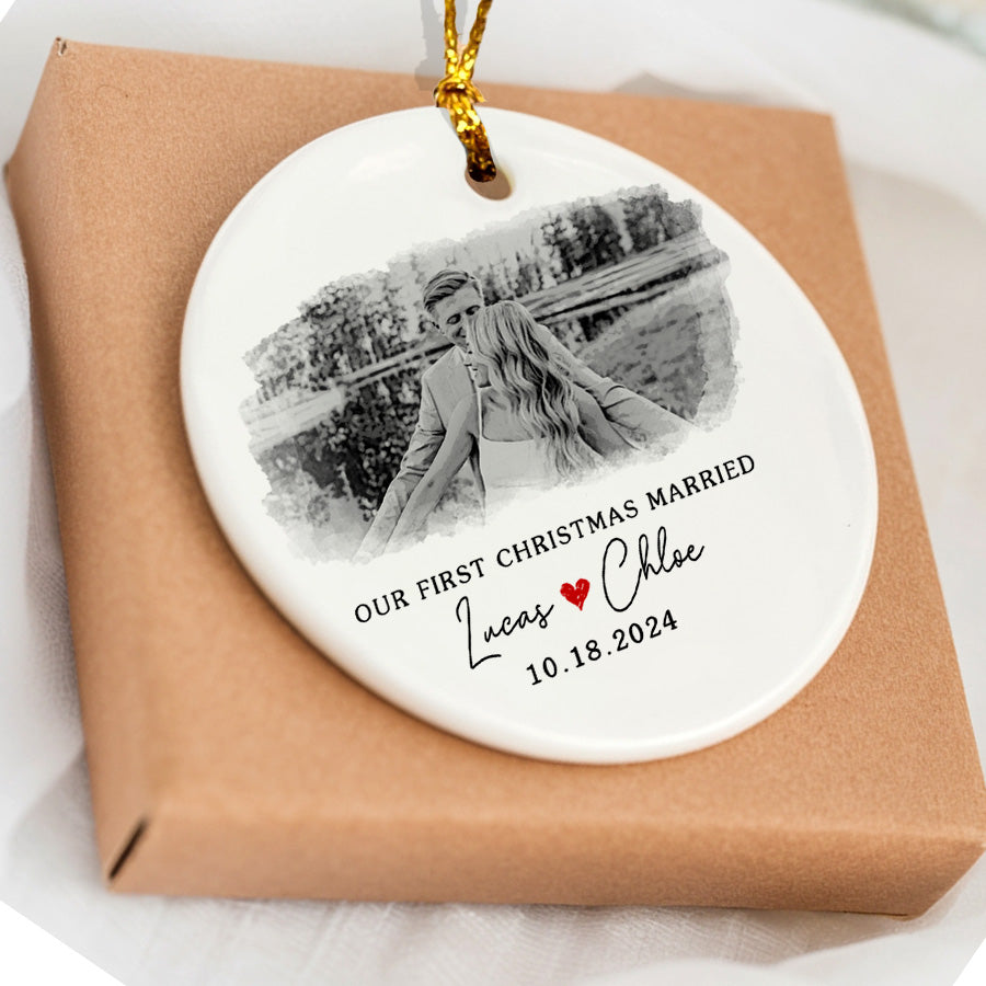 First Christmas Married Ornament | Wedding Ceramic Ornament With Custom Name  | Circle Shape
