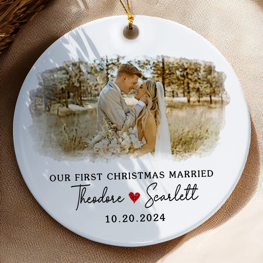 First Christmas Married Ornament | Married Ceramic Ornament With Custom Photo For Couple | Circle Shape