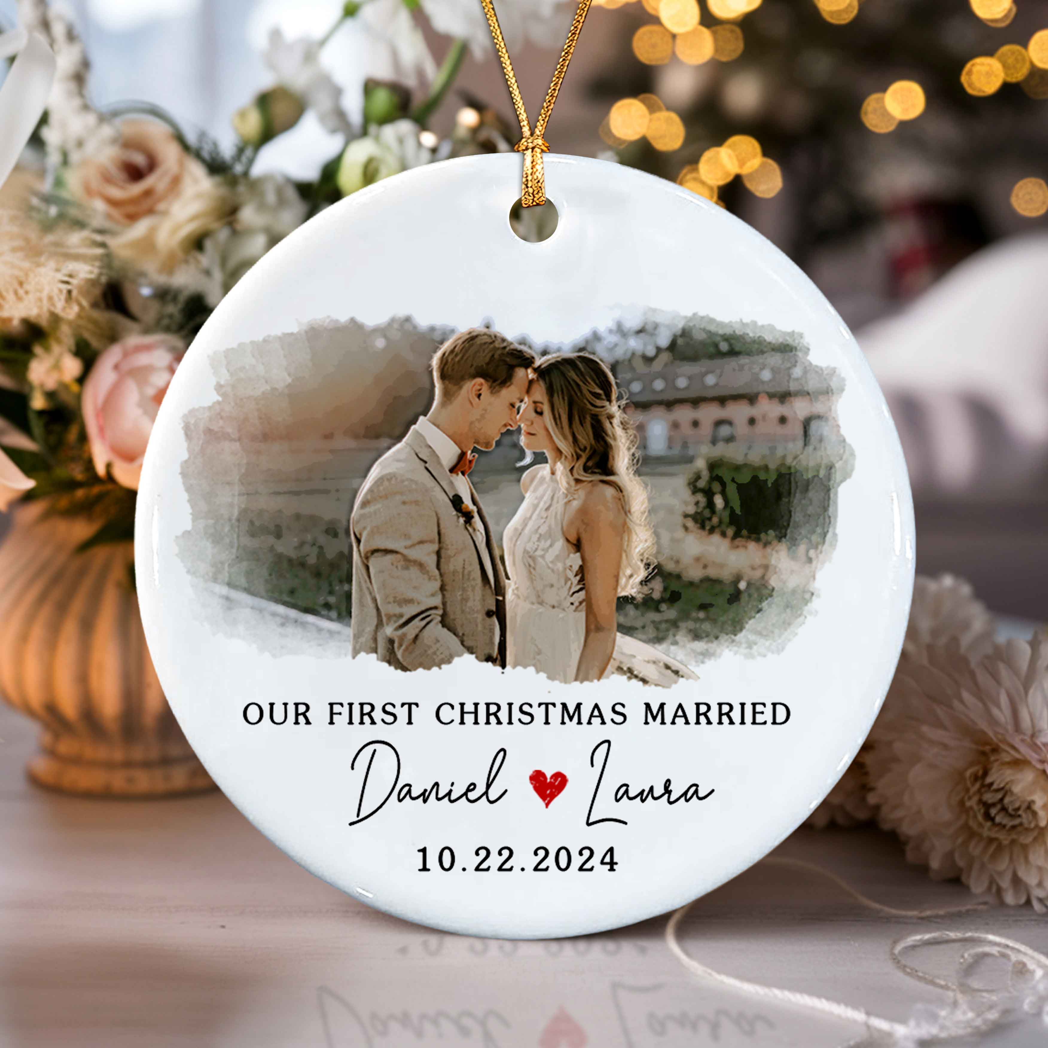 First Christmas Married Ornament | White Ceramic Ornament | Circle Shape 1-side Printed