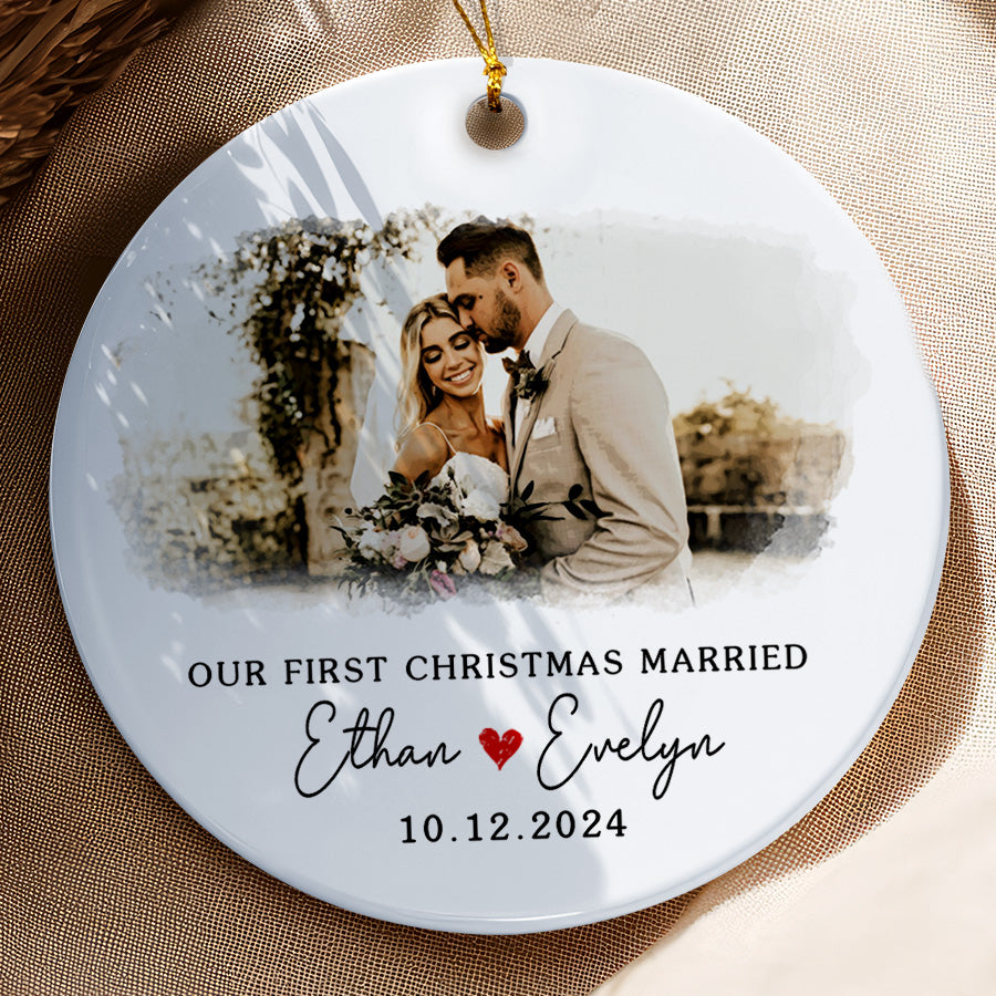 First Christmas Married Ornament | Married Ceramic Ornament With Custom Date And Name | Circle Shape