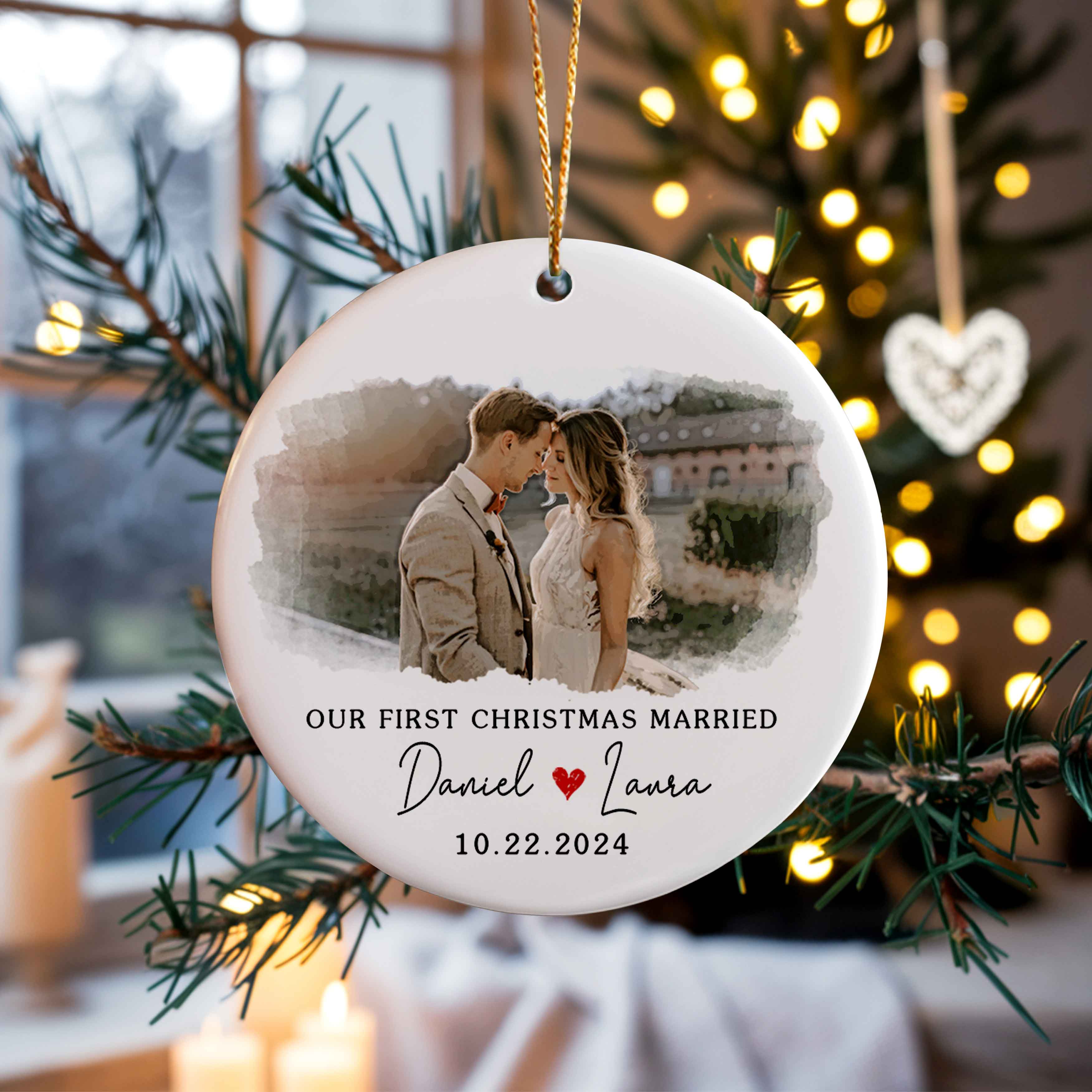 First Christmas Married Ornament | White Ceramic Ornament | Circle Shape 1-side Printed