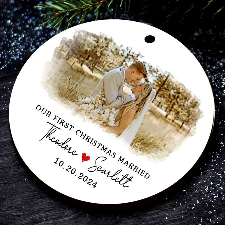 First Christmas Wedding Ornament | Married Ceramic Ornament With Custom Date | Circle Shape