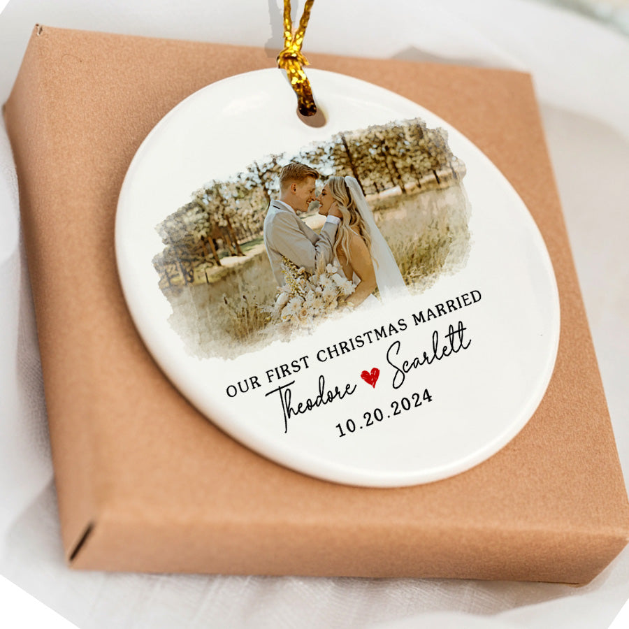 First Christmas Wedding Ornament | Wedding Ceramic Ornament With Custom Photo For Couple | Circle Shape