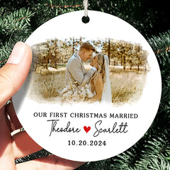First Christmas Wedding Ornament | Married Ceramic Ornament With Custom Date | Circle Shape