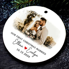 First Christmas Wedding Ornament | Married Ceramic Ornament With Custom Name And Date | Circle Shape
