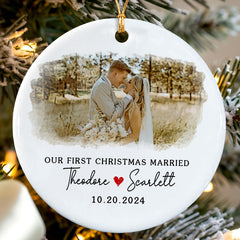 First Christmas Wedding Ornament | Married Ceramic Ornament With Custom Name | Circle Shape