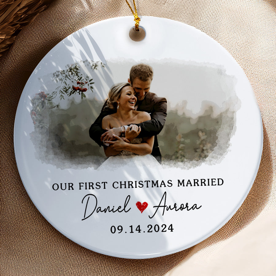 First Christmas Wedding Ornament | Married Ceramic Ornament With Custom Photo And Date | Circle Shape
