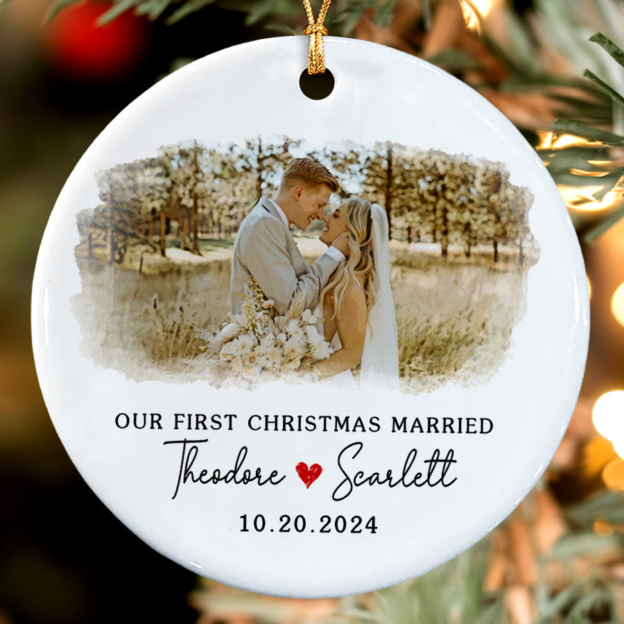 First Christmas Wedding Ornament | Married Ceramic Ornament With Custom Date | Circle Shape