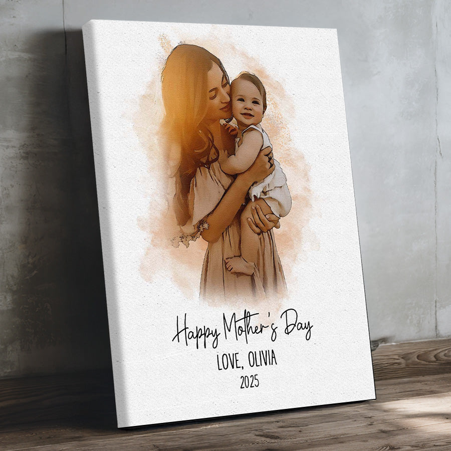 First Time Mothers Day Gift | Personalized Watercolor Portrait Gift For New Mom