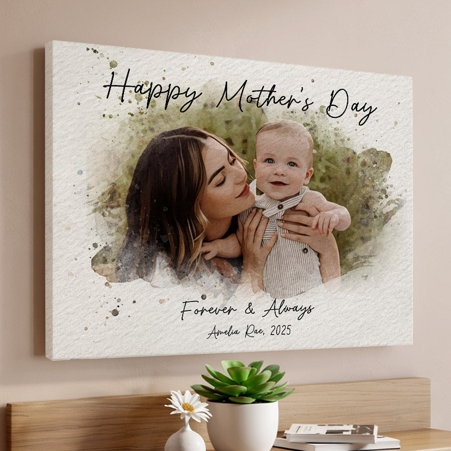 First Time Mothers Day Gift | First Mothers Day Canvas | Personalized Watercolor Portrait Gift For New Mom