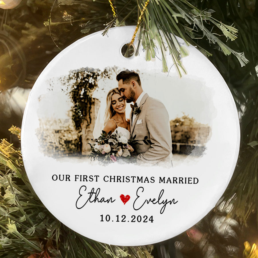 First Xmas Married Ornament | Married Ceramic Ornament With Custom Name And Date | Circle Shape