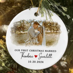 First Xmas Married Ornament | Wedding Ceramic Ornament With Custom Photo For Couple | Circle Shape