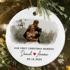 First Xmas Married Ornament | Married Ceramic Ornament With Custom Photo | Circle Shape