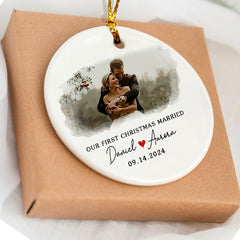 First Xmas Married Ornament | Married Ceramic Ornament With Custom Photo | Circle Shape
