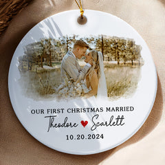 First Xmas Married Ornament | Married Ceramic Ornament With Custom Photo For Couple | Circle Shape