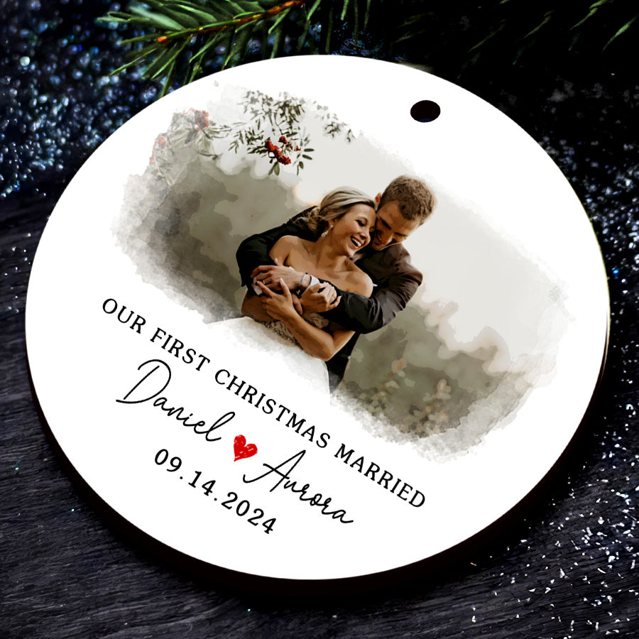 First Xmas Married Ornament | Married Ceramic Ornament With Custom Photo And Date | Circle Shape