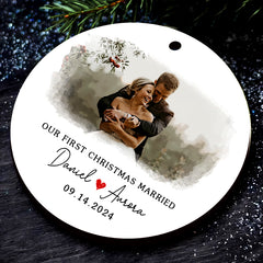 First Xmas Married Ornament | Married Ceramic Ornament With Custom Photo And Date | Circle Shape