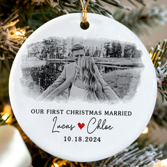 First Xmas Married Ornament | Wedding Ceramic Ornament With Custom Photo | Circle Shape