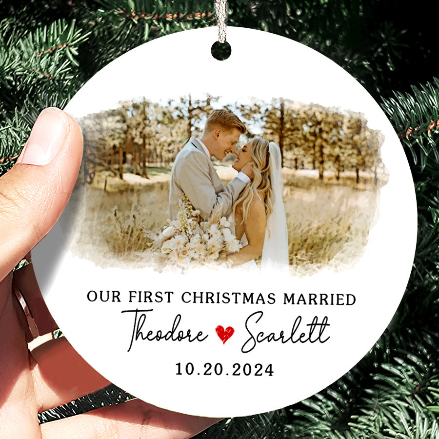 First Xmas Married Ornament | Wedding Ceramic Ornament With Custom Photo For Couple | Circle Shape